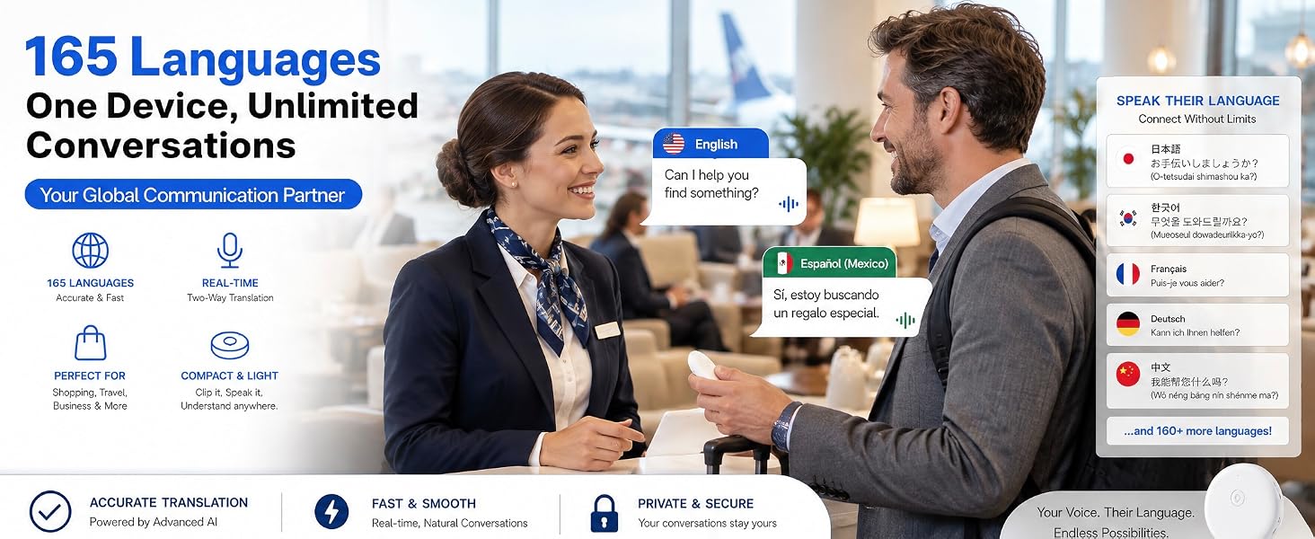 Travelers use portable 165-language translator to talk with airport staff.
