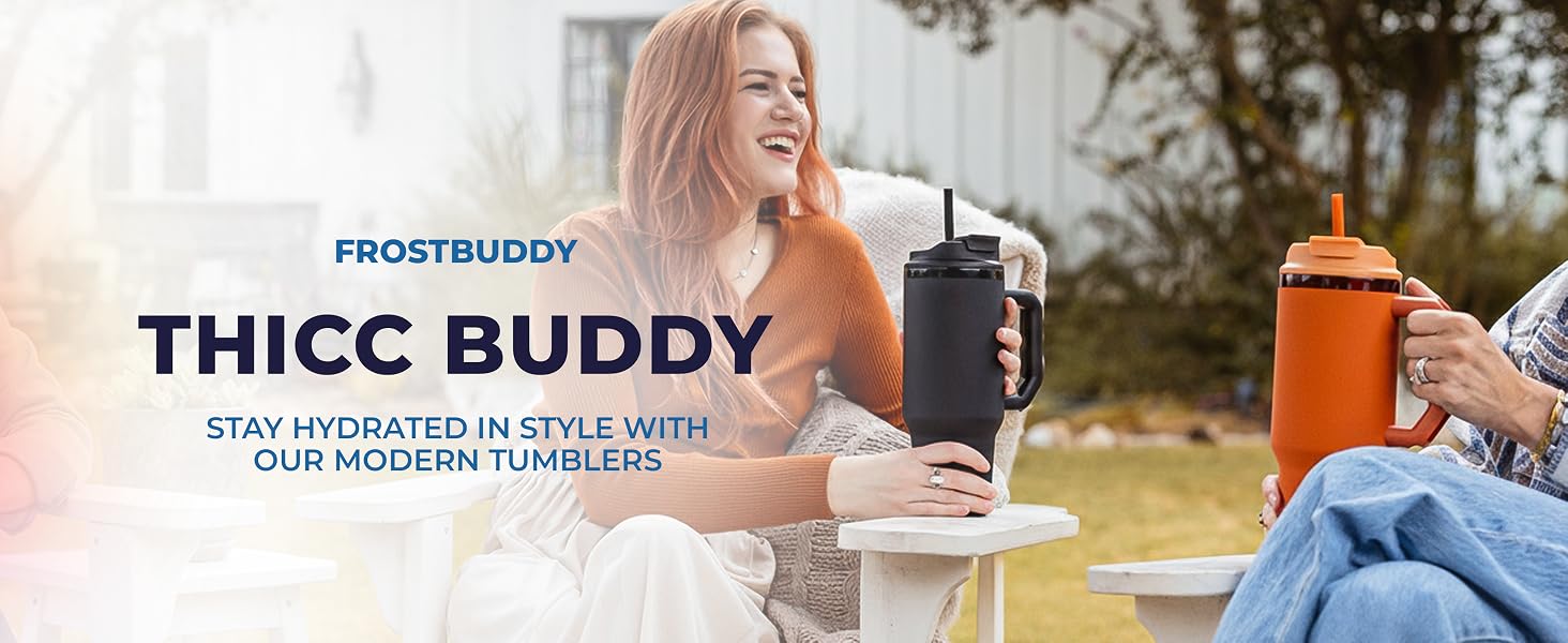 thicc buddy hydrated in style water bottle with handle cup with straw 40oz mug 50oz mug 16oz cup