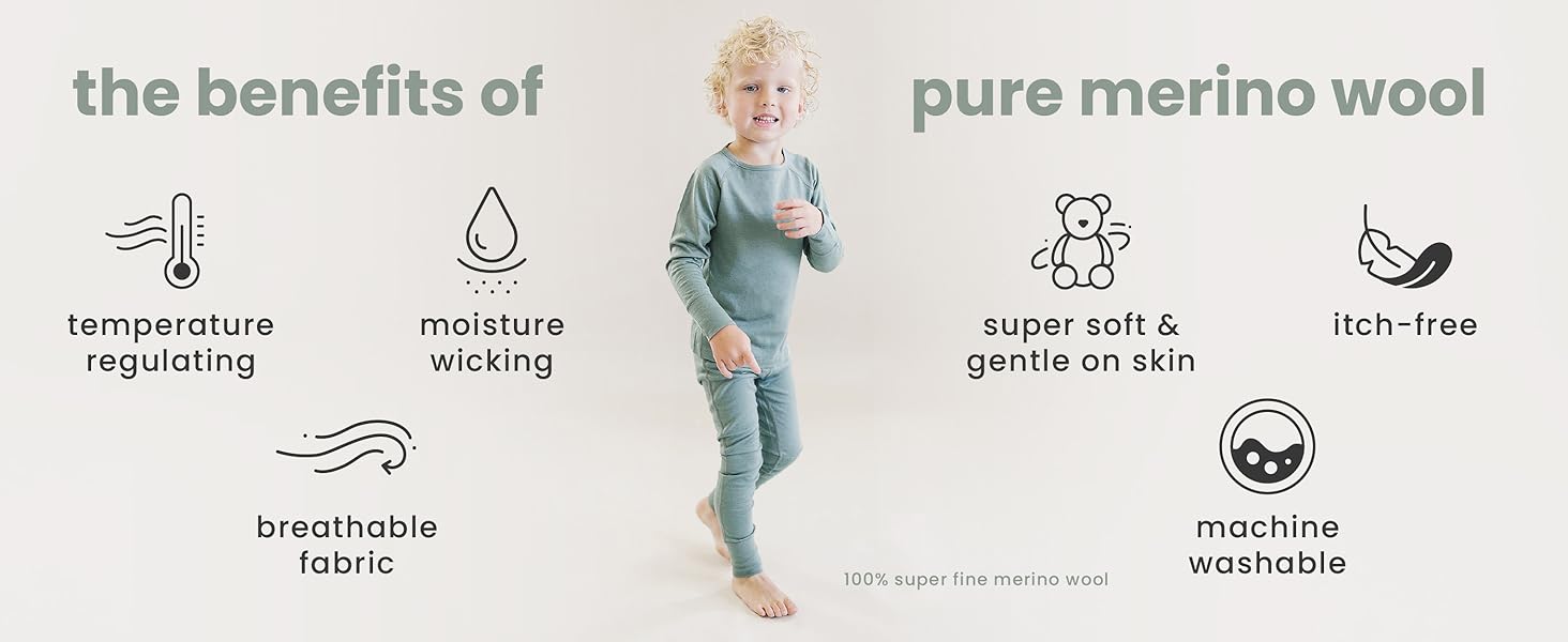 Woolino base layers are made with long cuffs for growth, flat, bulk free seems and knee patches.