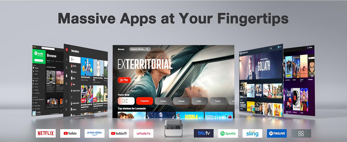Text reads 'Compatible with Netflix HD Picture Quality' with streaming service logos for Netflix, YouTube, Amazon, HBO max, +hulu. Shows 1080P resolution indicator.