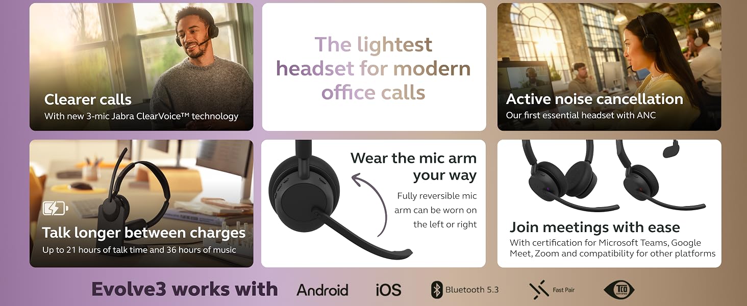 Jabra Evolve3 headset feature overview with call clarity, ANC, comfort and connectivity