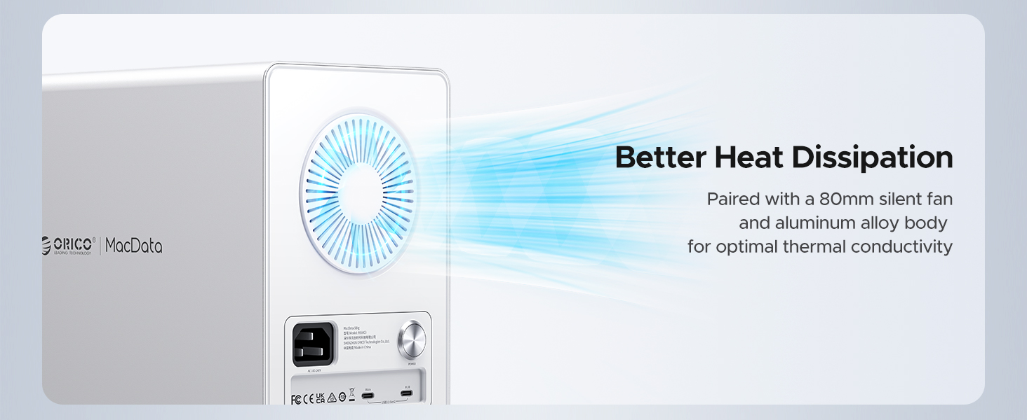 Product diagram showing enhanced heat dissipation feature with an 80mm silent fan and aluminum alloy body, illustrated with blue airflow graphics.