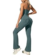 UOUA Women's 2 Piece Workout Sets Cami Racerback Tank Cargo Flare Leggings with Pockets Gym Yoga ...