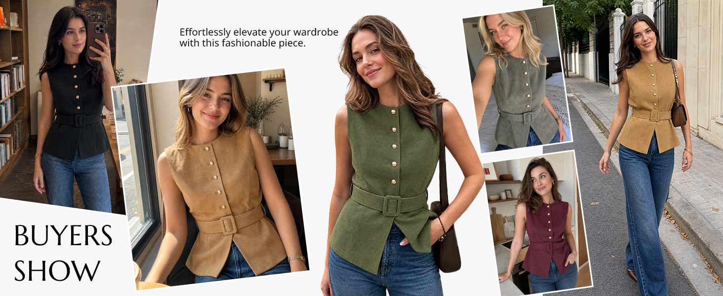 Customer styling collage featuring sleeveless button down vest looks.
