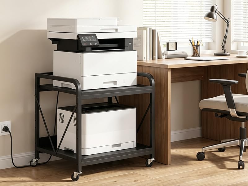 Printer Stand with Built-in Power Strip and Adjustable Shelf