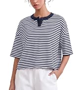 Ardrem Women Striped Cropped Shirts Half Sleeve Henley Tee Shirts Roll Hem Boxy T Shirts Button U...