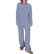 Ardrem Women Striped 2 Piece Lounge Set Long Sleeve Oversized T Shirts Wide Leg Pants Matching Se...