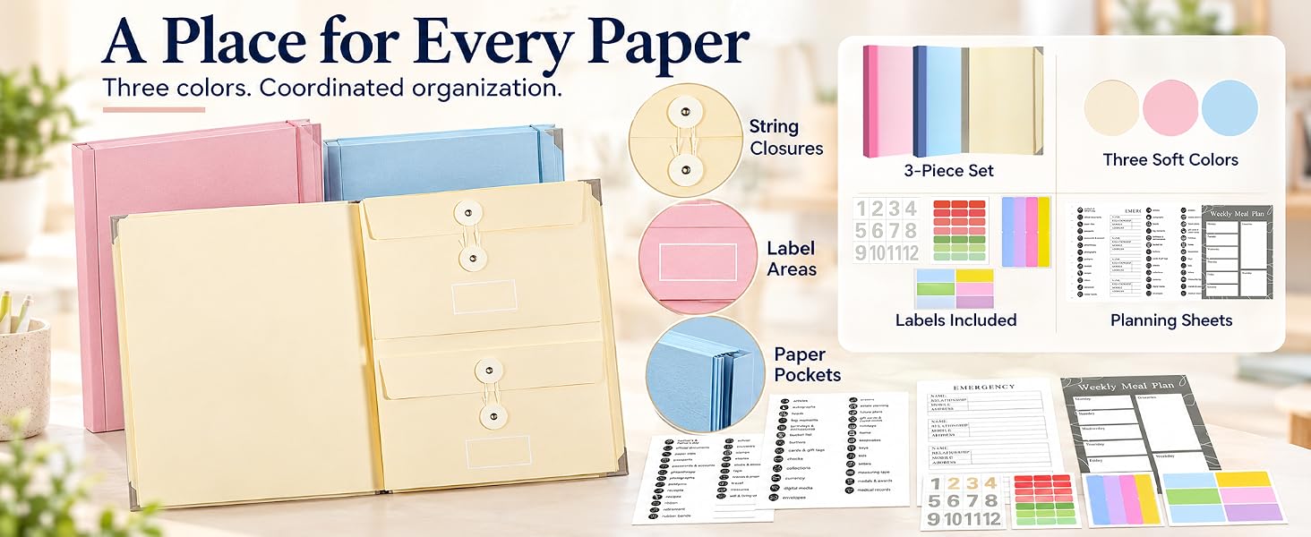 1. Three-color organizer set with labels and planning sheets.
