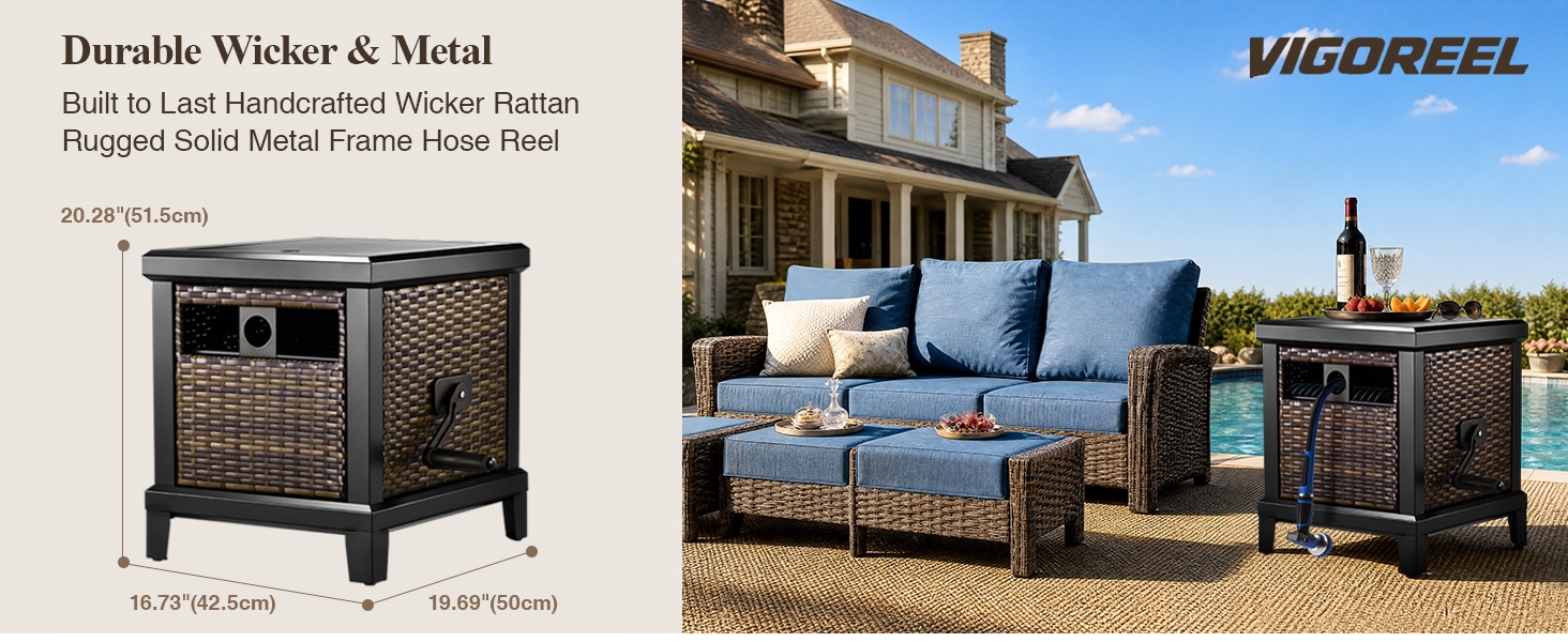 Wicker Rattan Garden Hose Reel Hideaway Storage Deck Box, Heavy Duty Rust Proof Metal Frame