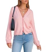 EXLURA Women's V Neck Cardigan Sweaters Long Sleeve Button Down Contrast Wavy Trim Lightweight So...
