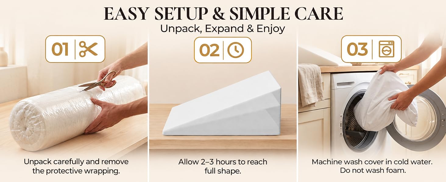 Wege pillow setup: unpack carefully, allow2-3 hours to expand, and wash only the cover in cold water