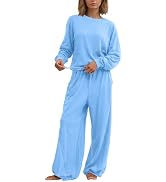 Ardrem Women Waffle Knit Lounge Set Patchwork 2 Piece Pj Matching Sets | Long Sleeve Oversized Sw...
