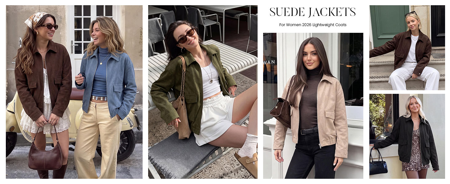 Cropped suede jacket women wearing brown lightweight fall bomber jacket