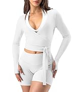 AVGO Women Pilates Wrap Top Tie Dance Shirt Ballet Yoga Tee Long Sleeve V Neck Cropped Tops Activ...