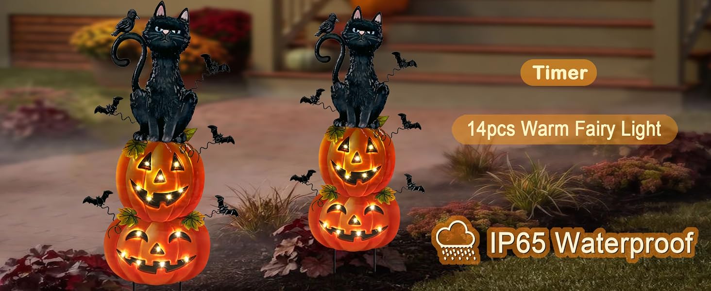 Halloween Black Cat with Jack'O Lights Garden Stakes