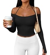 Yousify Womens Workout Tops Y2K Off Shoulder Long Sleeve Halter Gym Shirts | Comfy Crop Boat Neck...
