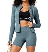 UOUA Womens Workout Set 2 Piece Gym Outfit Long Sleeve Zip Top Jacket High Waisted Tummy Control ...