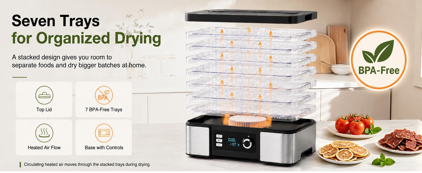 Stackable 7-tray food dehydrator with clear trays for drying multiple foods at once