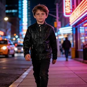 Boys black faux leather moto jacket, windproof outerwear for outdoor activities