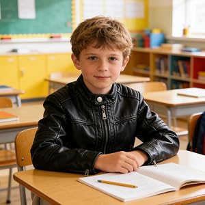 Black faux leather moto jacket for boys, casual outerwear for school and daily wear