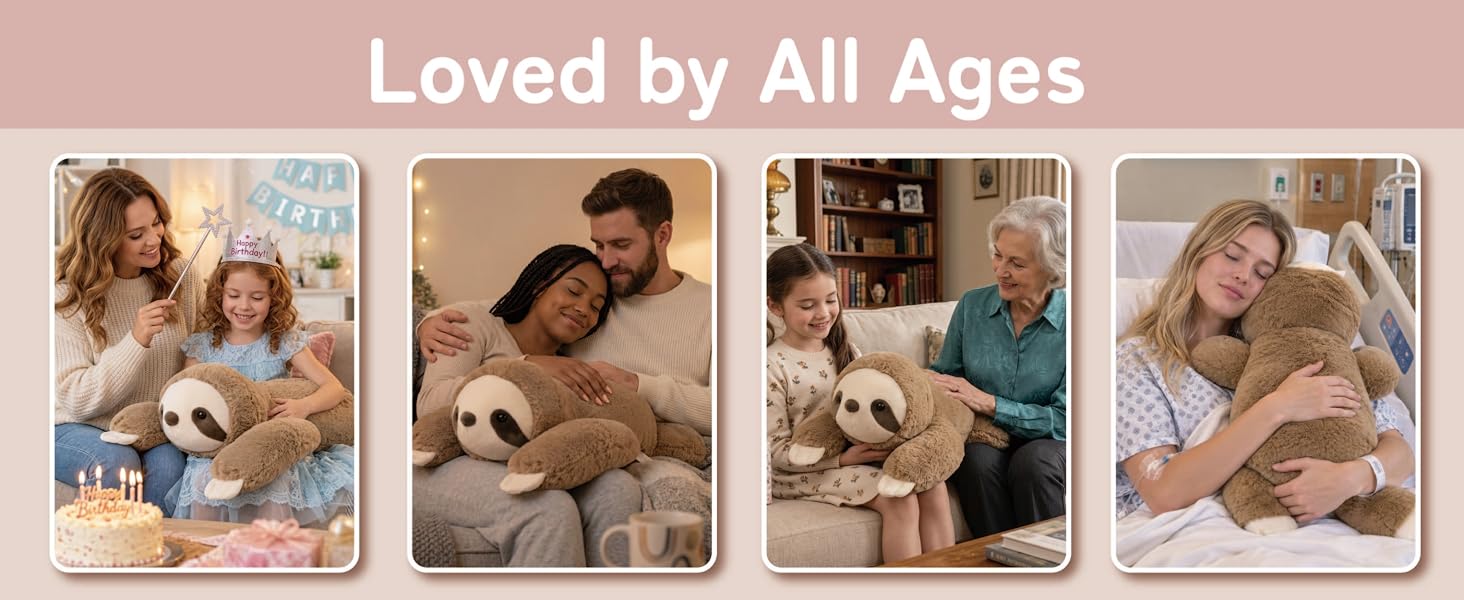 Children, adults, and seniors hugging the weighted plush in various daily life settings.