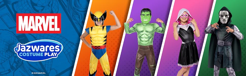 Marvel Jazwares Costume Play with Wolverine, Hulk, Ghost Spider, and Doctor Doom posed
