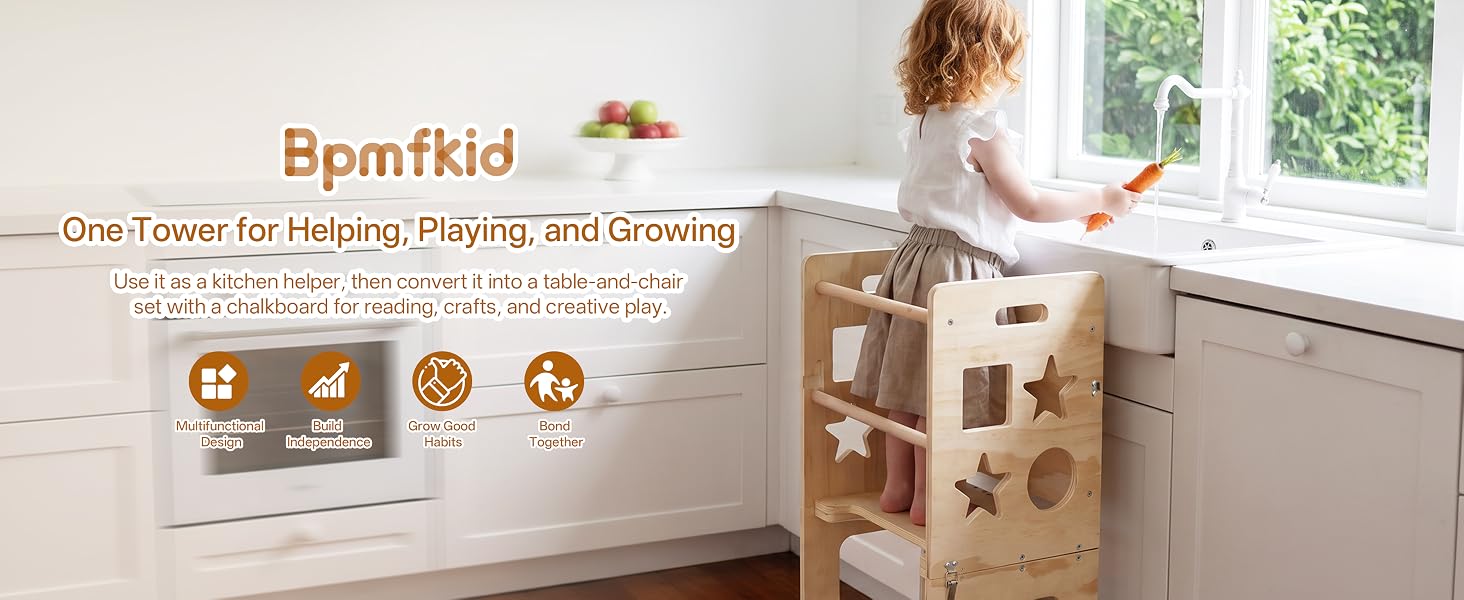 Wooden 4-in-1 toddler tower with built-in blackboard for everyday family use