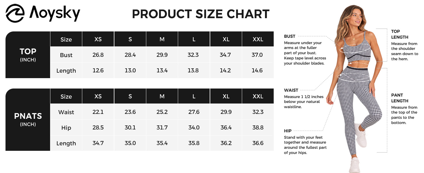 PRODUCT SIZE CHART for top and pants with bust, waist, hip and length measurements