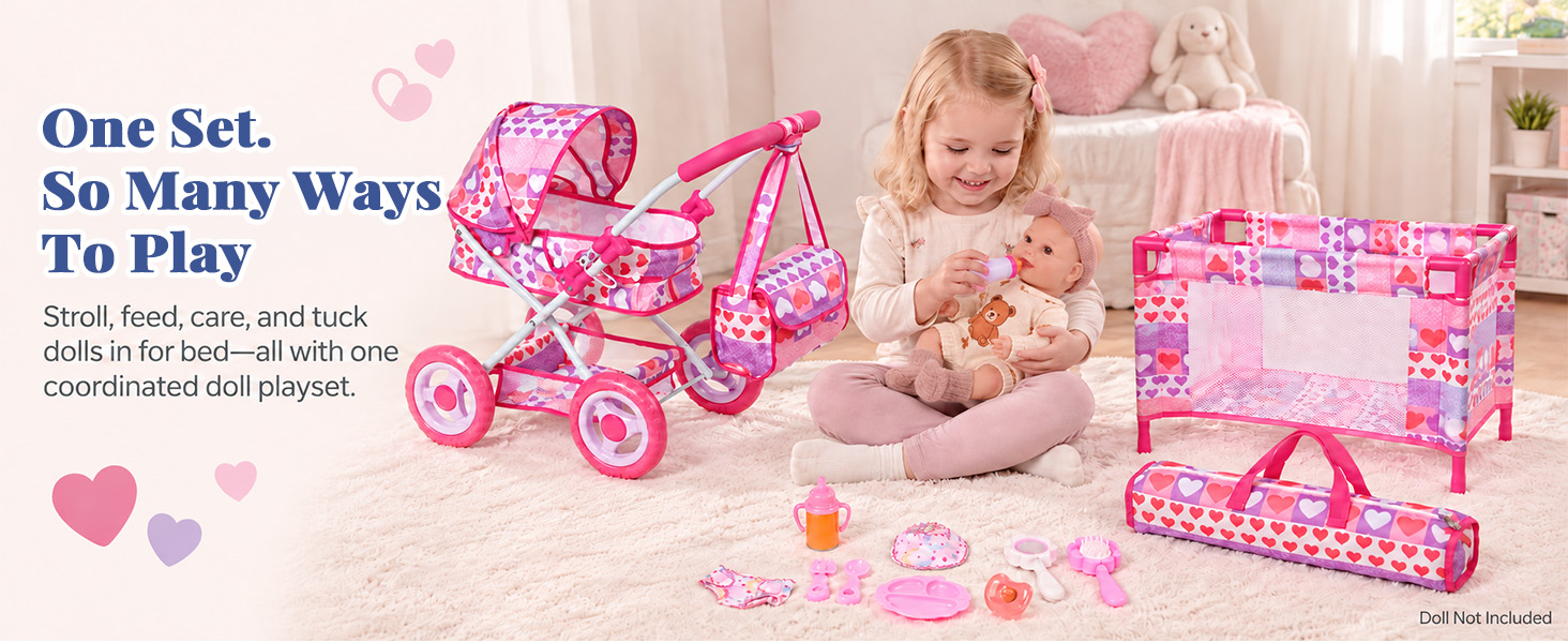 doll stroller set, doll crib, doll diaper bag, baby doll accessories