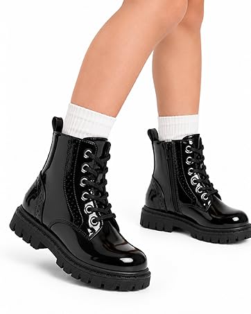 YIMORU Girls Combat Boots Black Lace Up Side Zipper Boots