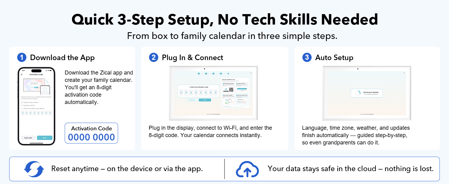 3-step setup guide for family digital calendar, easy installation