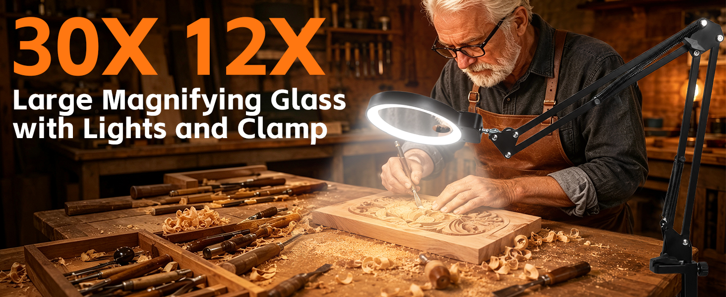 Large Magnifying Glass with Light and Clamp