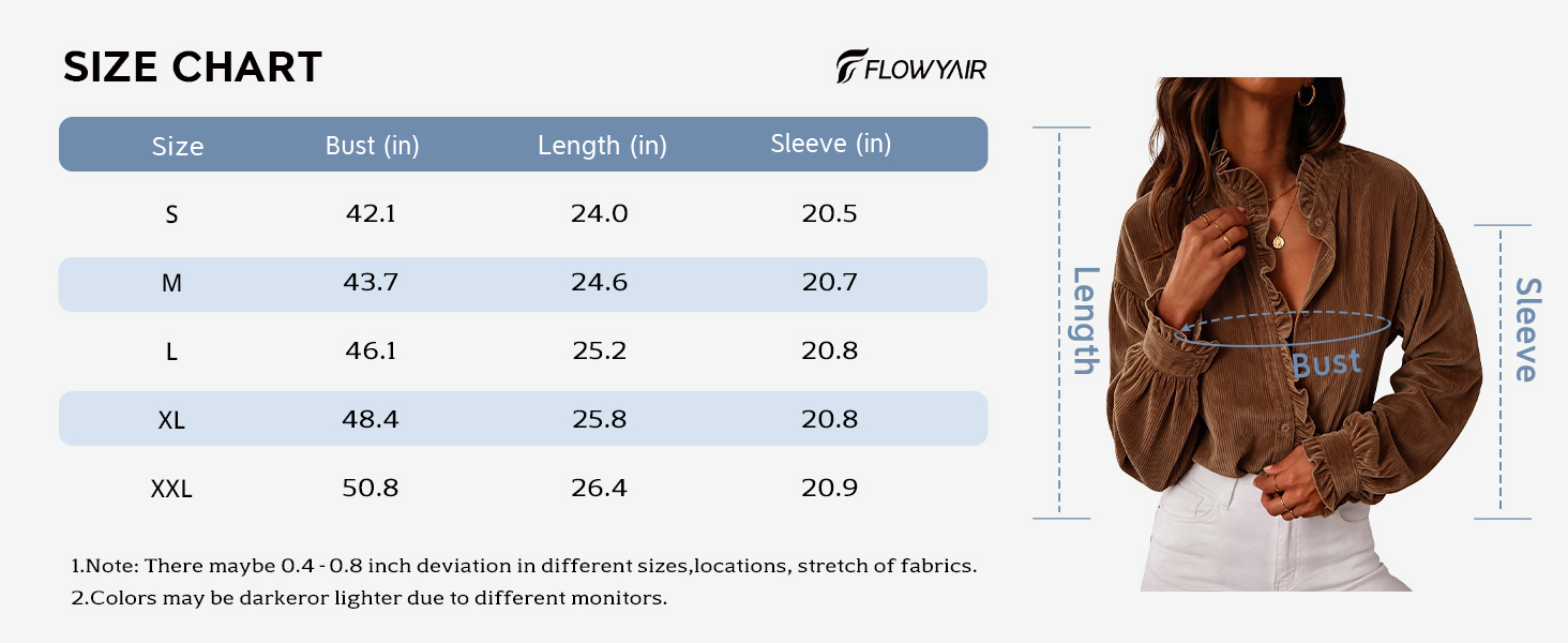Size chart with bust, length and sleeve measurements.