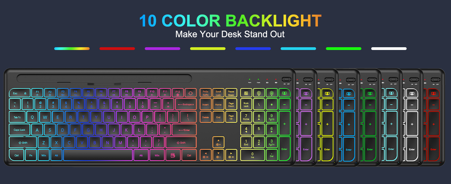 Wireless Keyboard and Mouse Combo -10 Colored Backlits, Phone Holder | Rechargeable