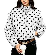Vimida Women's Polka Dot Cropped Jacket Stand Collar Button Front Lightweight Outerwear with Pock...