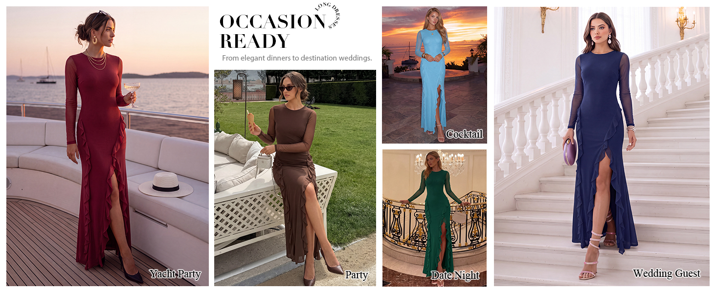 crew neckline and sheer mesh long sleeves, floor-length with a bodycon fit and side slit ruffle