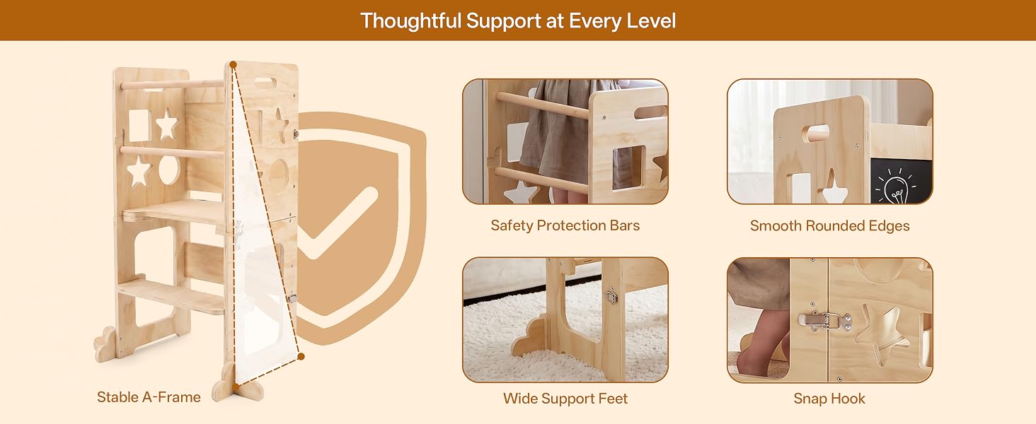 A-frame toddler tower with safety rails, removable safety bar and rounded corners