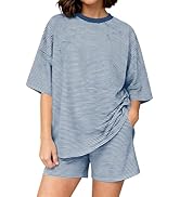 Ardrem Women Striped Lounge Set Short Sleeve Pajama Sets Oversized T Shirts High Waist Shorts 2 P...