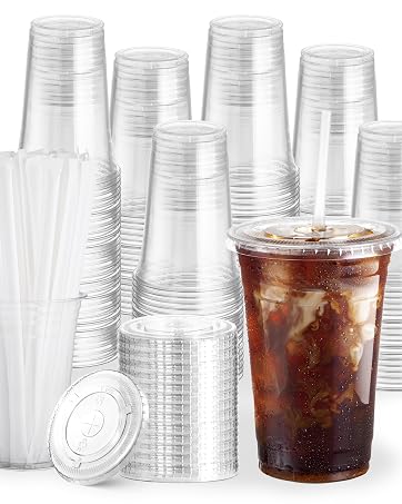 Boxential 50 Pack 16 oz Round Bottom Plastic Cups with Strawless Sip Lids, Disposable Coffee Cups...