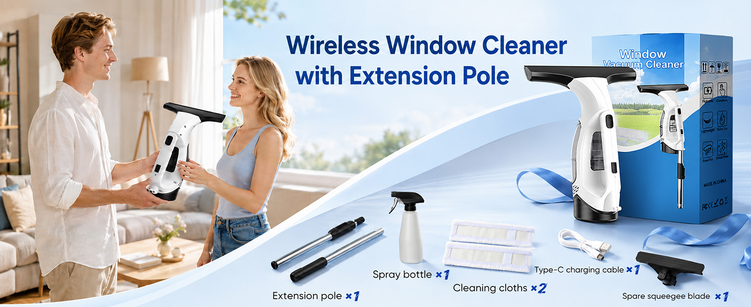 Window Vacuum Squeegee Cordless, Electric Window Vacuum Squeegee with 31-40 Inch Extension Pole
