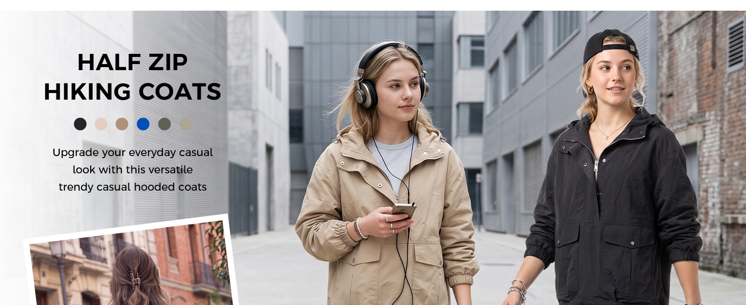 Half zip hooded jacket styling for everyday casual wear.