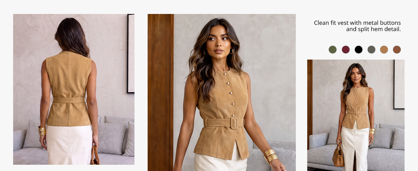 Button down vest shown from front and back with tailored split hem details.