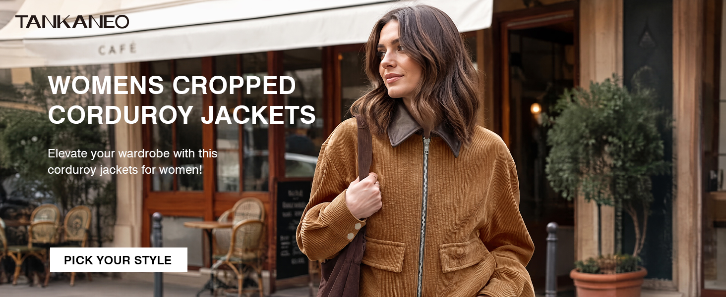 Tankaneo Womens Cropped Corduroy Jackets Oversized Zip Up Barn Bomber Coat