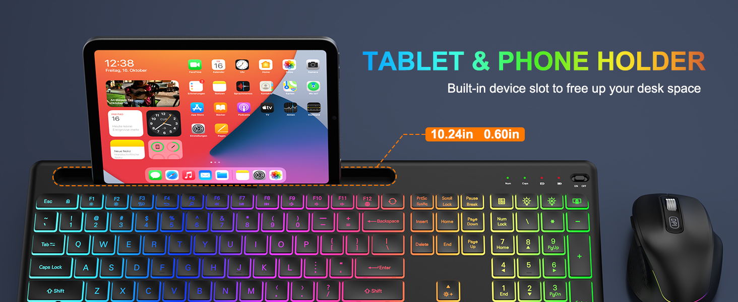 Wireless Keyboard and Mouse Combo -10 Colored Backlits, Phone Holder