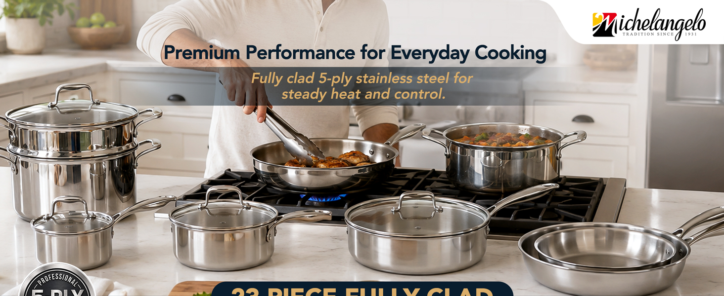 23-piece 5-ply stainless cookware set in a modern kitchen for everyday family cooking.