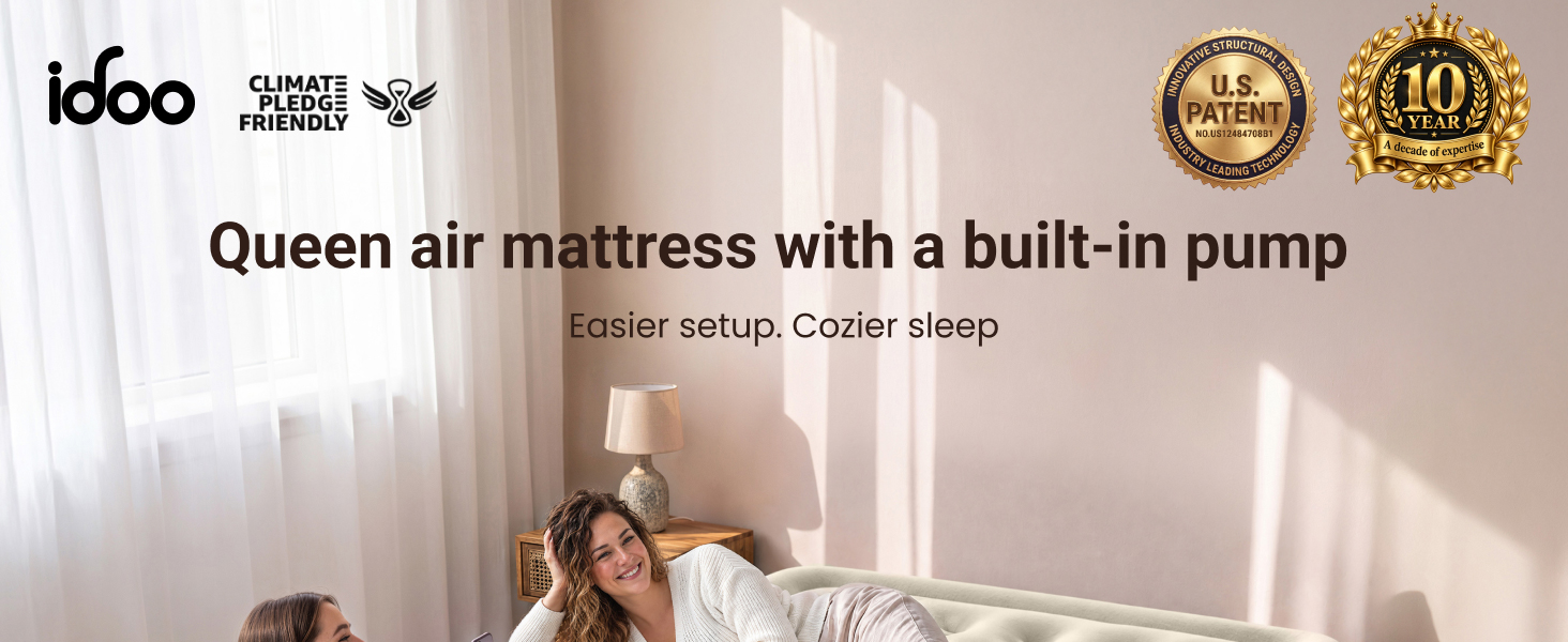 This idoo queen air mattress with built in pump, ideal for guest bed, party, travel and camping
