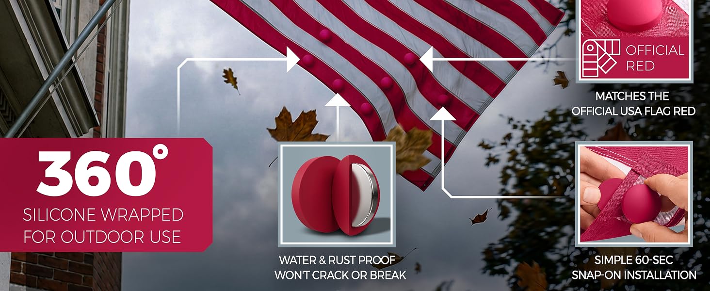 Silicone-coated magnetic flag weights with snap-on installation and red color match
