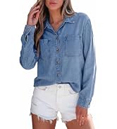 Sidefeel Womens Long Sleeve Denim Shirt Button Down Collared Jean Top Blouse with Pockets