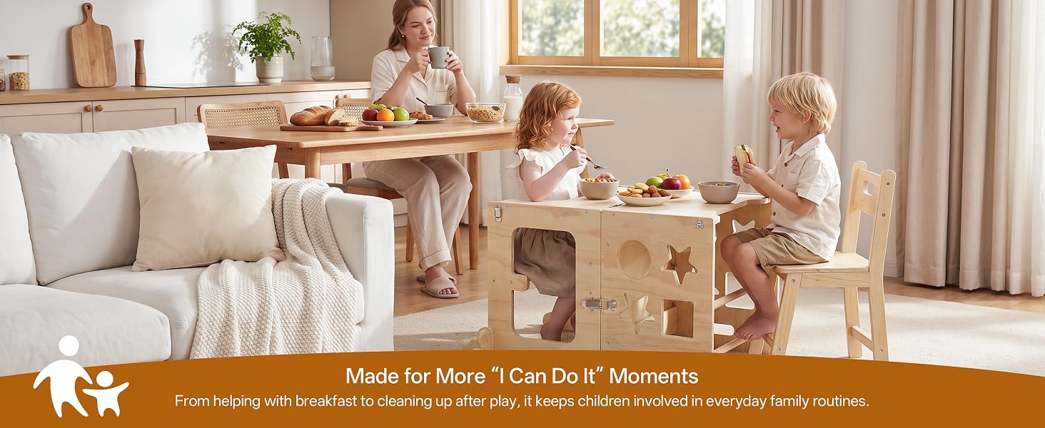 Wooden toddler tower used for kitchen routines, play and everyday family activities