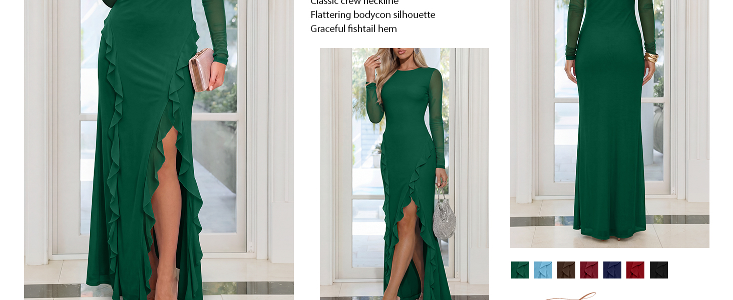Elegant Mesh Semi Sheer Sleeve Crew Neck Side Slit Ruffle Dress, Slim Fit, High Stretchy
